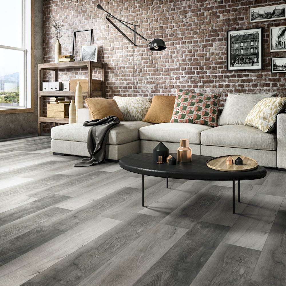 Grey vinyl plank flooring in minimalist contemporary interior