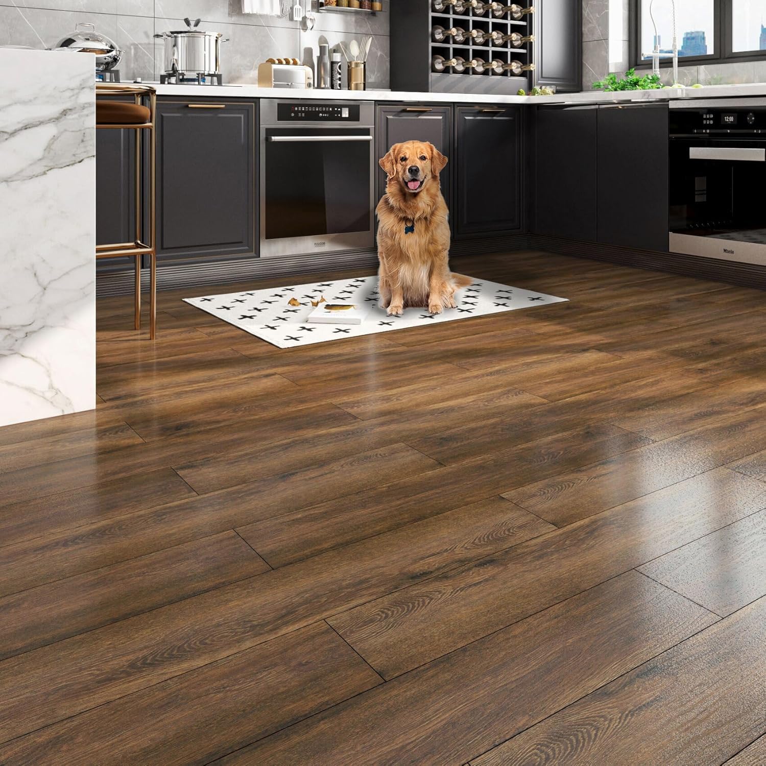 Warm honey walnut vinyl plank flooring in a cozy kitchen